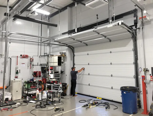 Solon Garage Door Repair certified technician performing commercial door repair at a Solon business facility