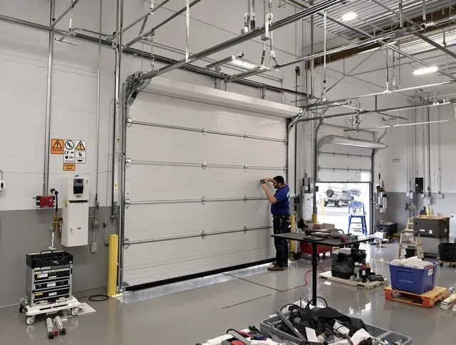 Commercial garage door repair being performed by Solon Garage Door Repair expert in Solon