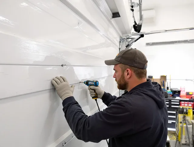 Solon Garage Door Repair technician demonstrating precision dent removal techniques on a Solon garage door