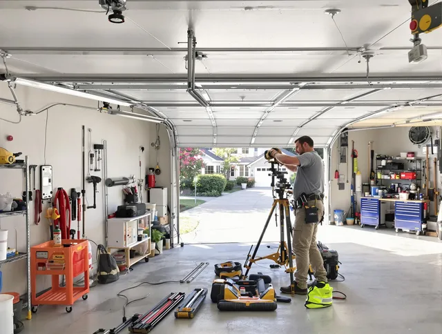 Solon Garage Door Repair specialist performing laser-guided track alignment in Solon